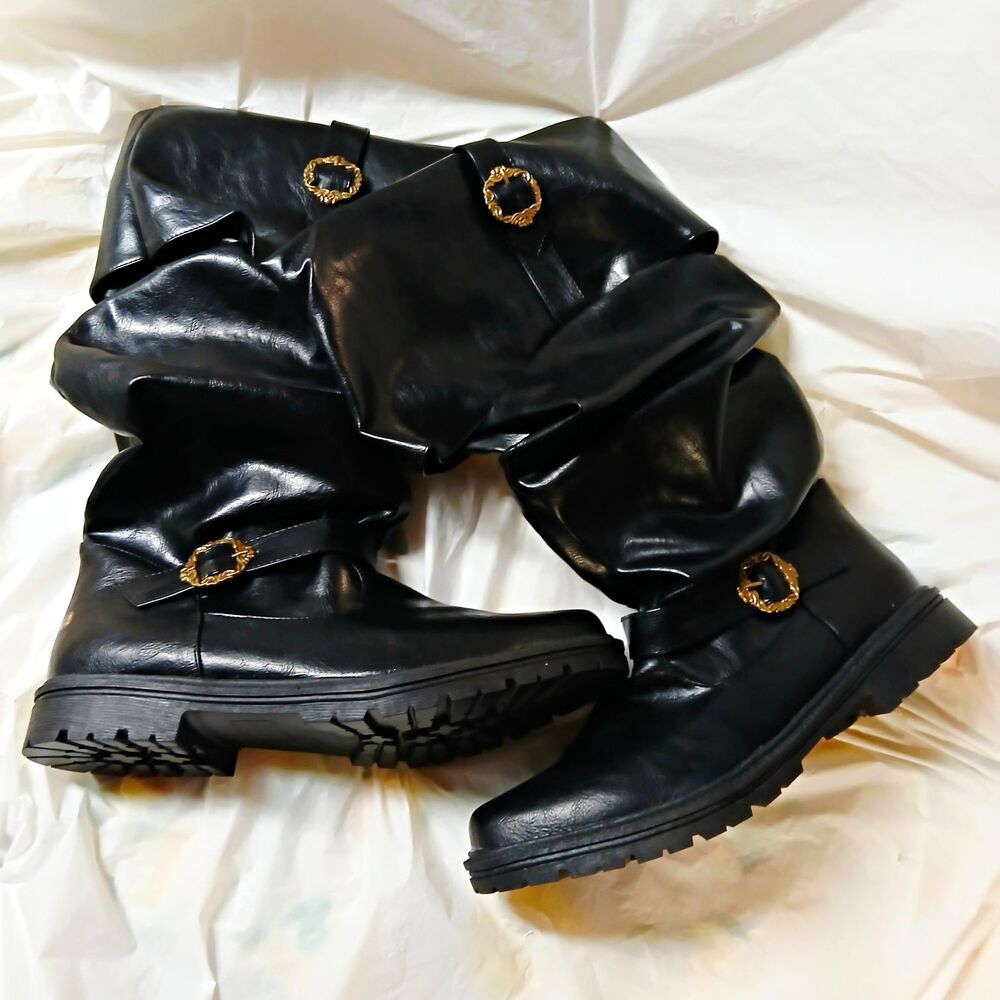 Men's Presmotin Black Knee High Pirate Boots Square Toe Buckle US 12. Costume.